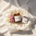 Sacred Self Set — Sacred Lotus Candle, Heart Crystal & Rose Quartz Ring hamper flat lay