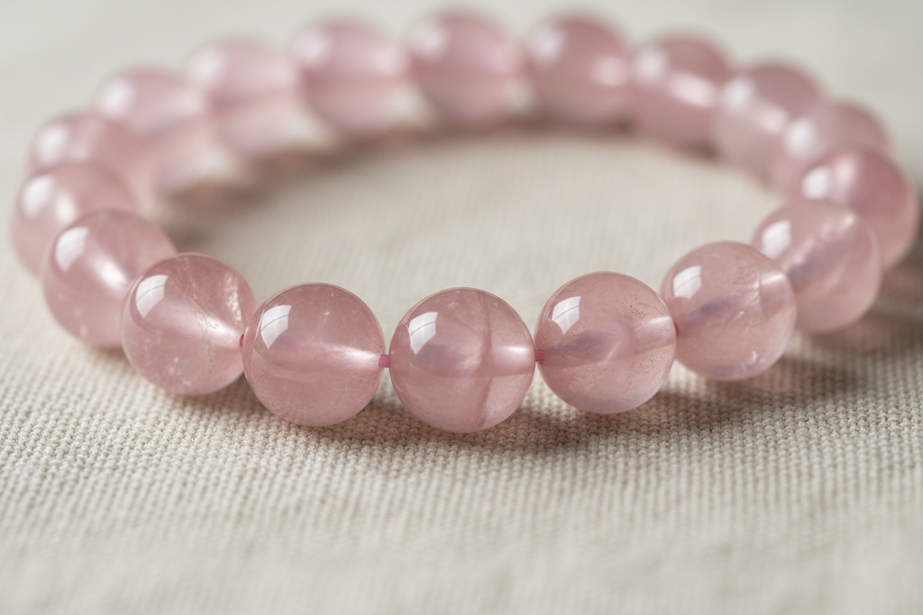 Close-up detail of Rose Quartz beads showing soft pink translucent glow