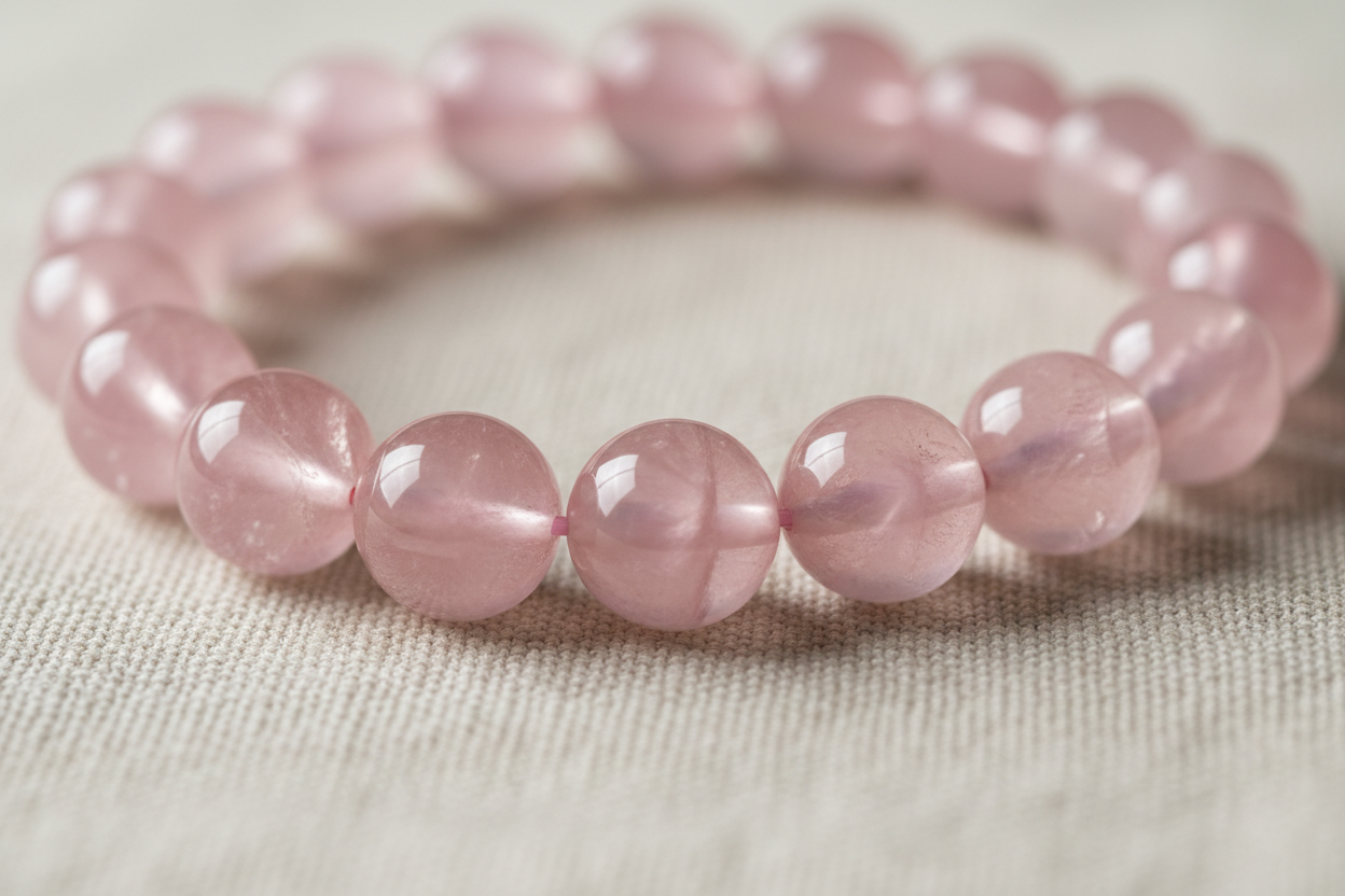 Close-up detail of Rose Quartz beads showing soft pink translucent glow