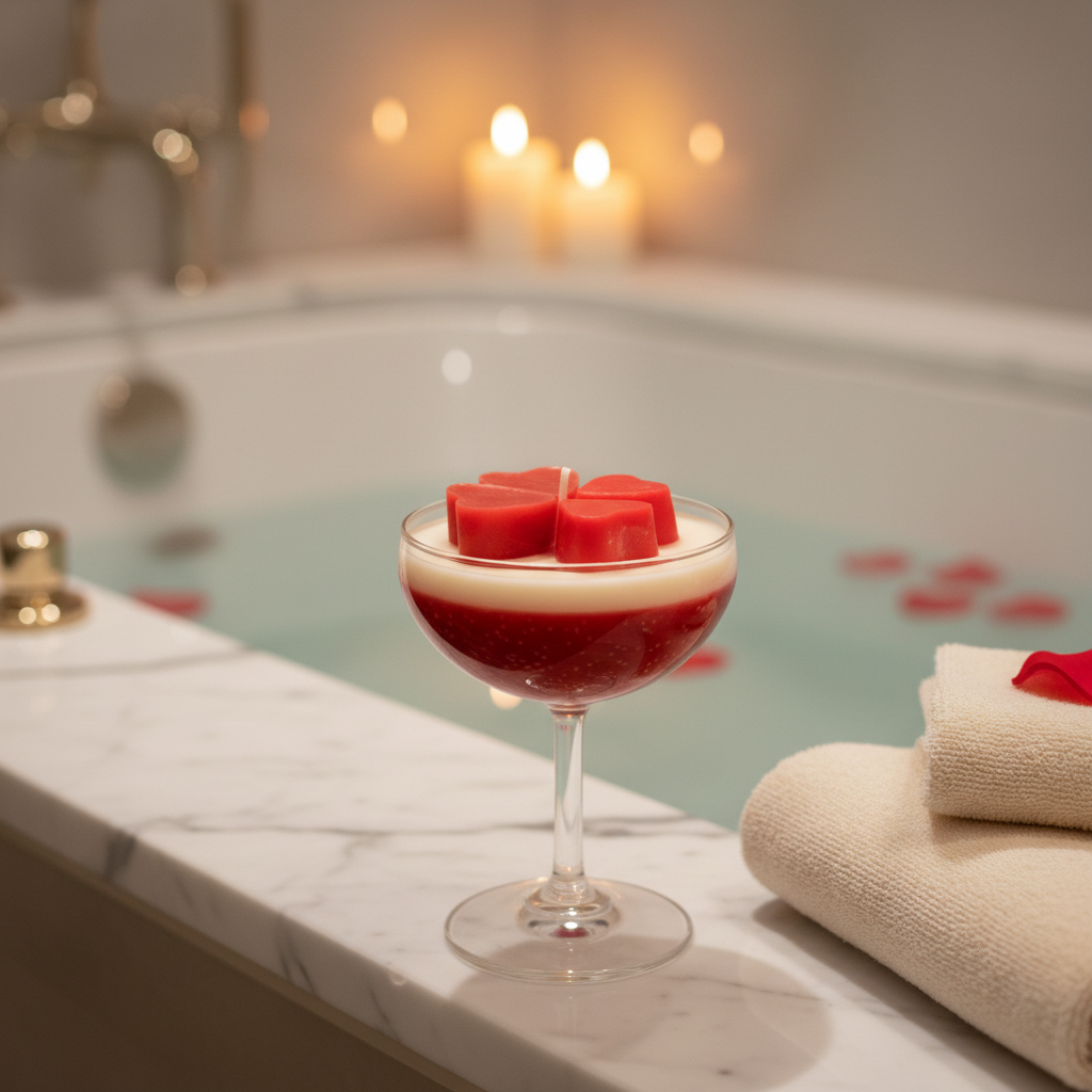 Red velvet coupe candle on marble bathtub edge with rose petals, spa luxury bathroom scene