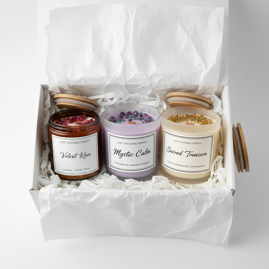 Scented & Spiritual Candle Trio - Velvet Rose, Mystic Calm and Sacred Treasure candles in premium white gift box with tissue paper