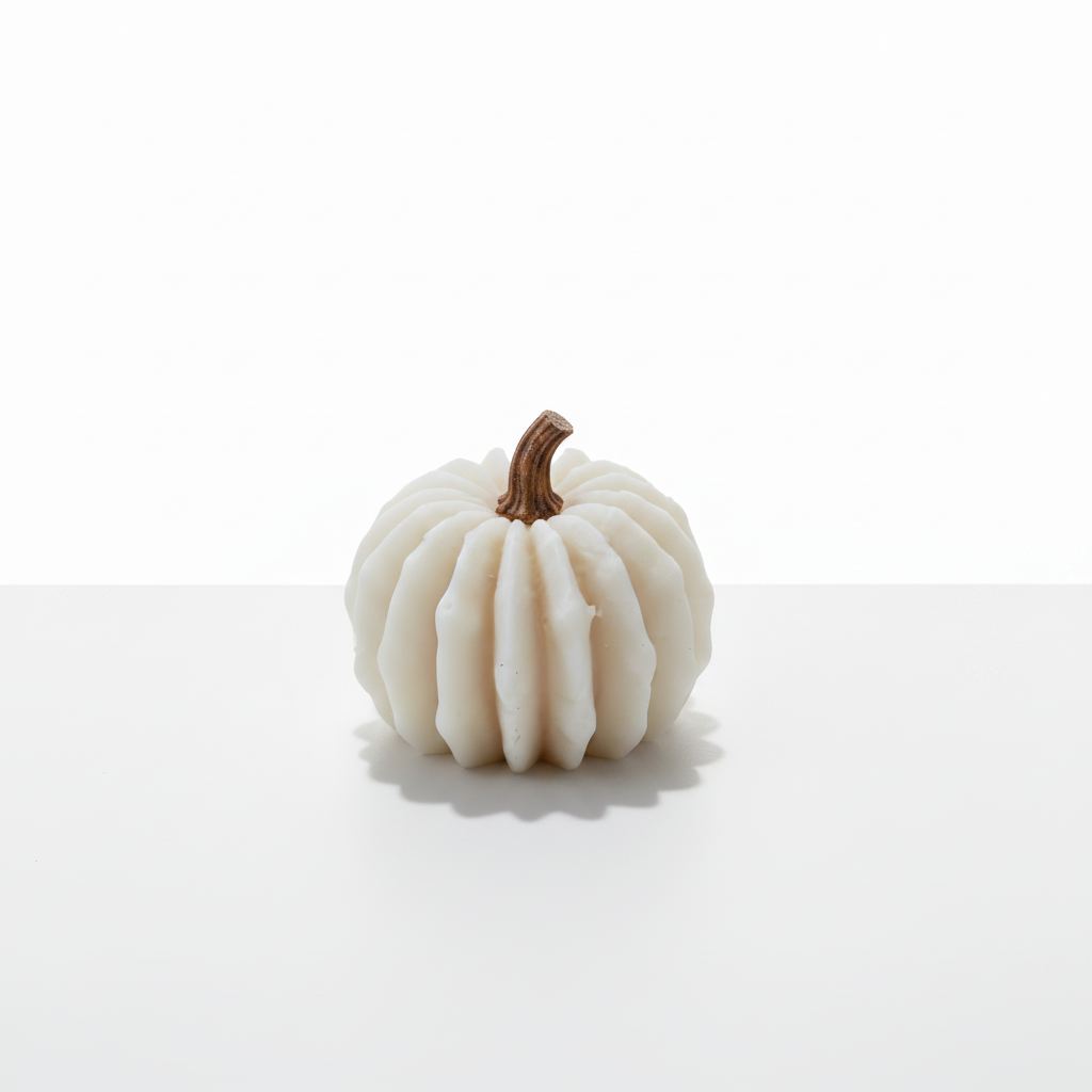Pumpkin shaped soy candle with natural stem - white background studio shot - Just Natural Purity