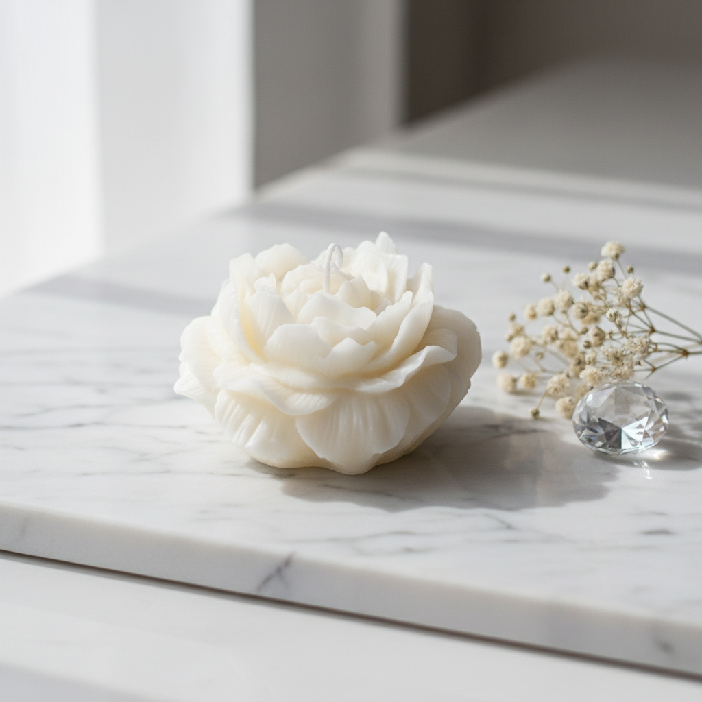 Pure white rose bloom candle on white marble with dried baby's breath flowers - Just Natural Purity