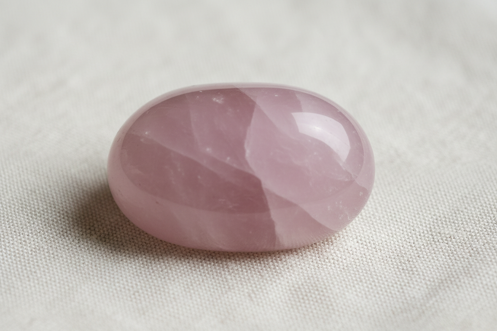 Close-up detail of Rose Quartz Palm Stone showing soft pink translucent appearance