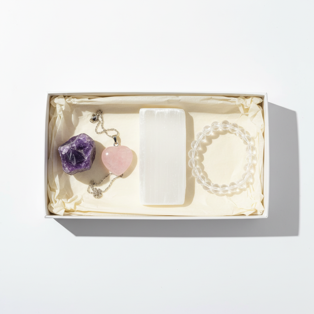 Crystal Essentials Gift Set - Amethyst tumble, Rose Quartz pendant, Selenite slab and Clear Quartz bracelet in white gift box