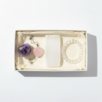 Crystal Essentials Gift Set - Amethyst tumble, Rose Quartz pendant, Selenite slab and Clear Quartz bracelet in white gift box