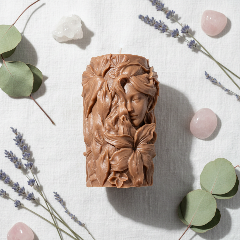 Goddess sculptural pillar candle styled flat lay on white linen with dried botanicals and crystals