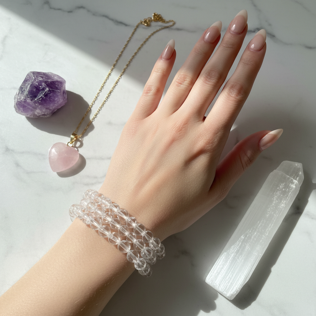 Crystal Essentials Gift Set - hand wearing Clear Quartz bracelet with Amethyst tumble, Rose Quartz pendant and Selenite slab on white marble