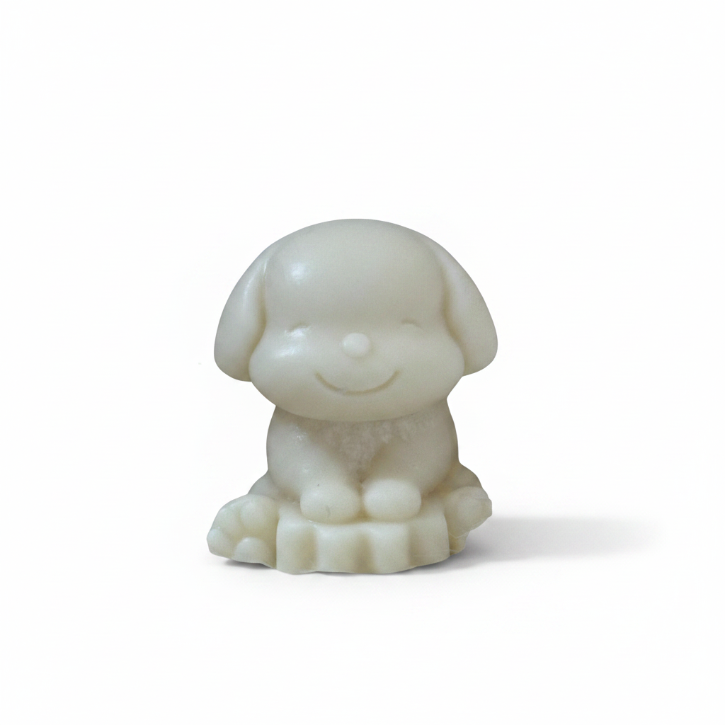 Cute puppy dog figurine soy candle - white background studio shot - Just Natural Purity