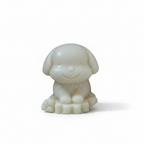Cute puppy dog figurine soy candle - white background studio shot - Just Natural Purity