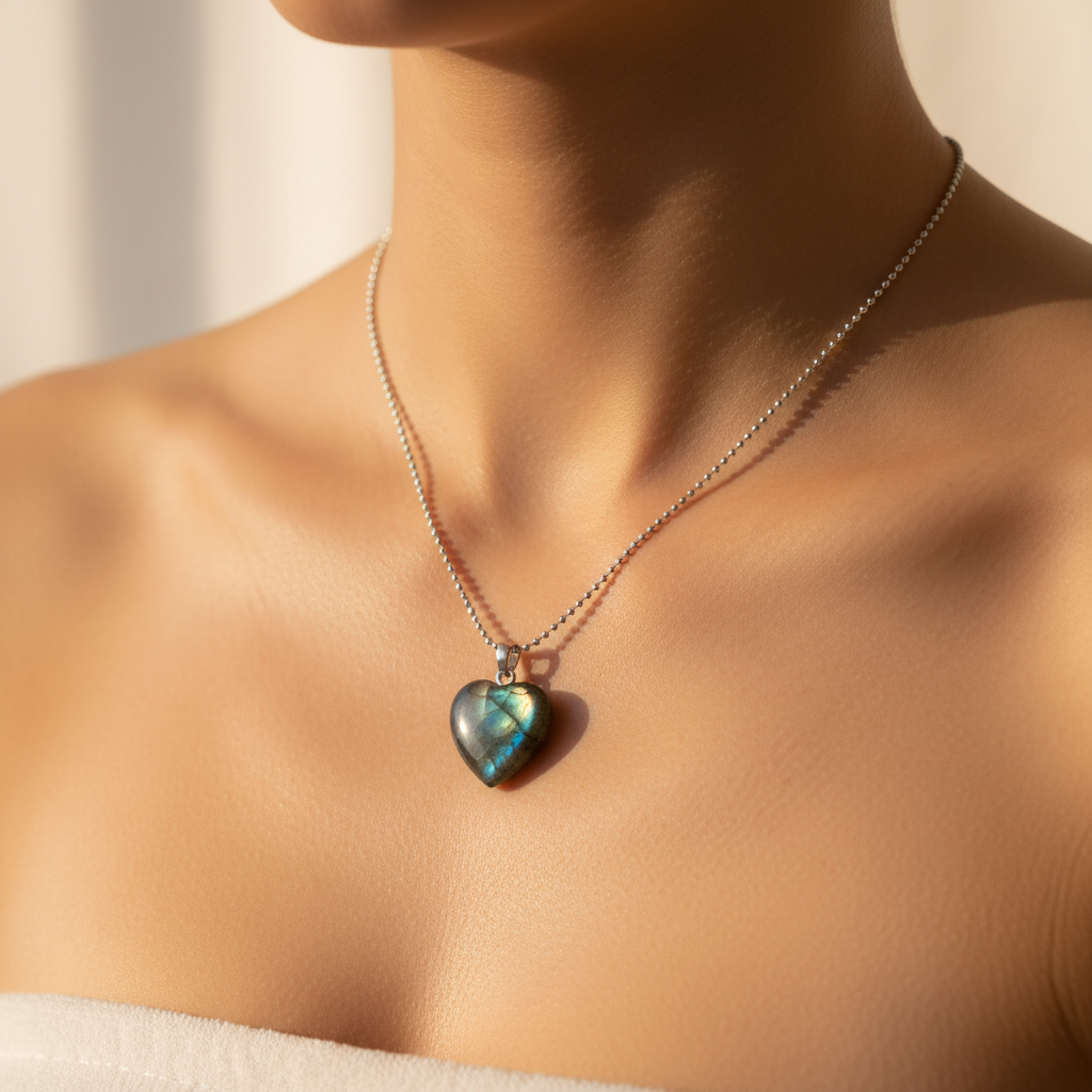 Model wearing Labradorite heart pendant necklace — magic and intuition crystal jewellery