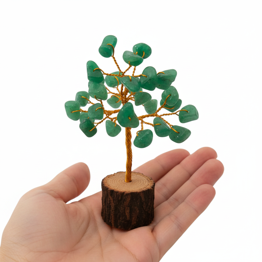 Green Aventurine Crystal Tree held in palm, plain wood base