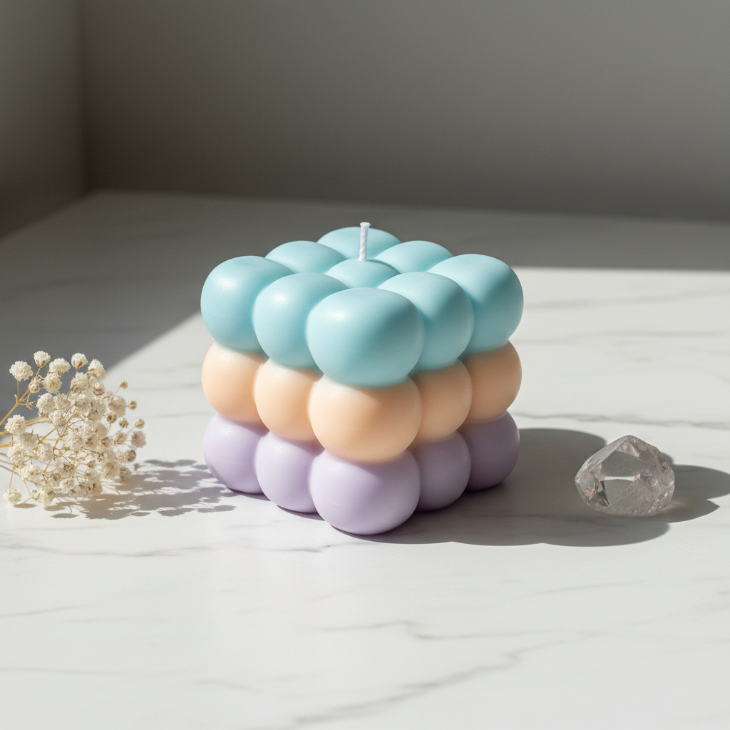 Triple cloud bubble cube candle with pastel sky blue peach and lavender layers on white marble - Just Natural Purity