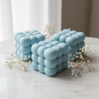Pastel sky blue triple cloud candles on white marble - Just Natural Purity