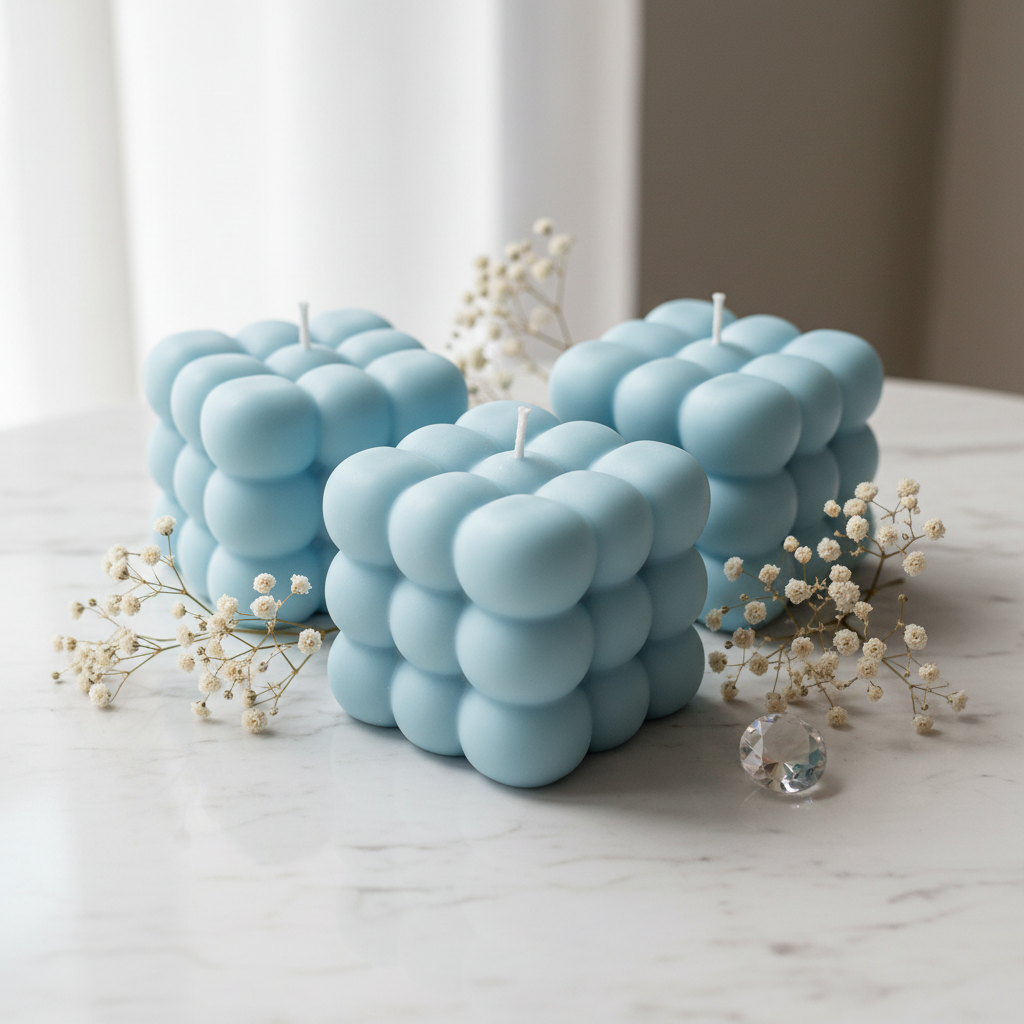 Pastel sky blue triple cloud candles on white marble - Just Natural Purity
