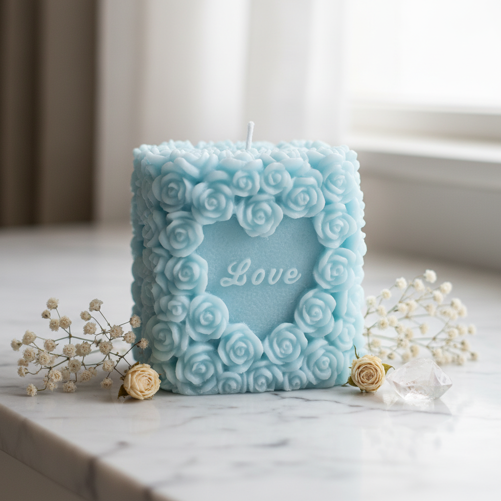 Pastel sky blue Love Pillar rose candle on white marble - Just Natural Purity