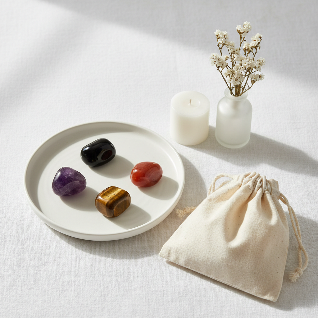 Protection Shield Crystal Set - Amethyst, Black Obsidian, Red Carnelian and Tiger Eye tumbles on white plate with cotton potli and candle