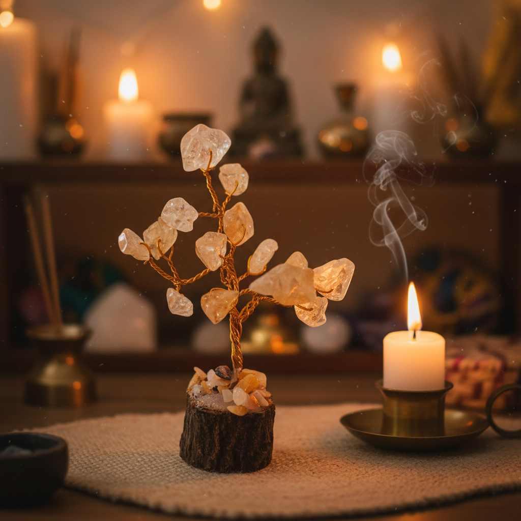 Citrine Crystal Tree in sacred corner with candle