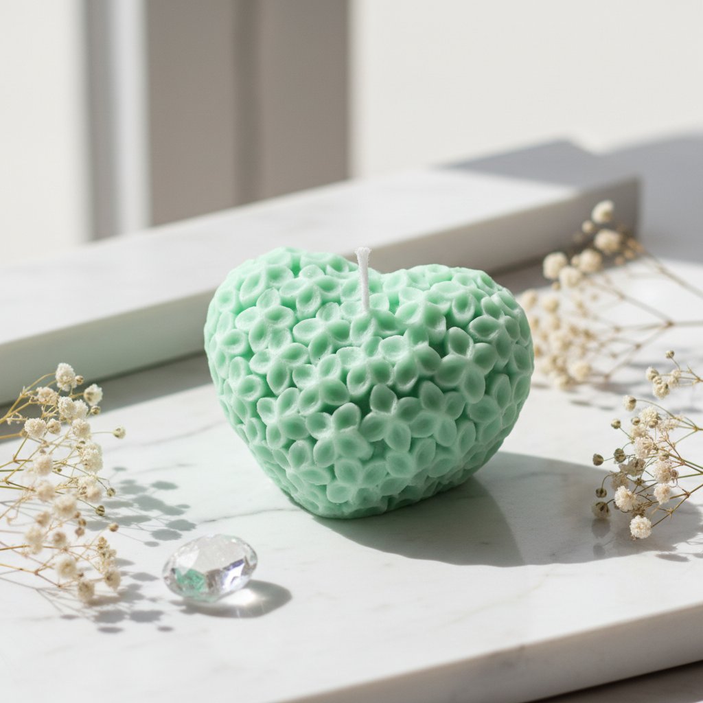 Pastel mint green heart floral candle on white marble - Just Natural Purity