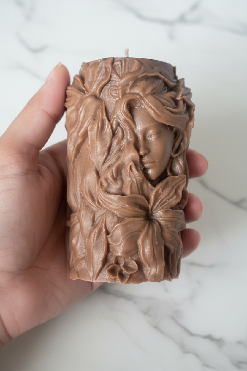 Goddess sculptural pillar candle held elegantly in hand, close-up on white marble background