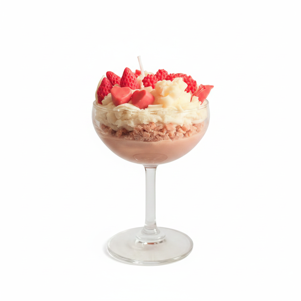 Strawberry sundae dessert candle in coupe glass on pure white background, clean studio shot