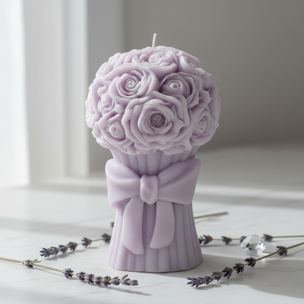 Pastel lavender rose flower bouquet candle on white marble - Just Natural Purity