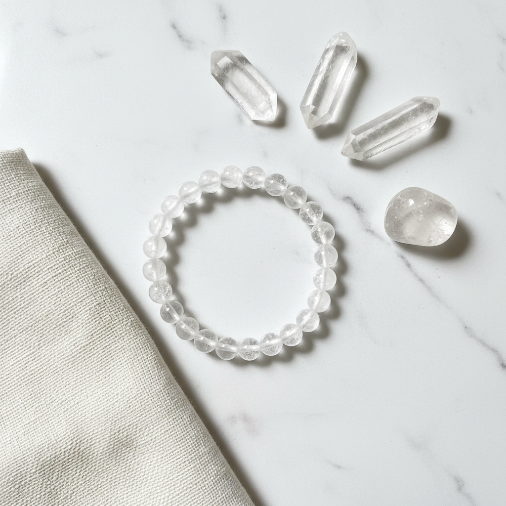 Clear Quartz Bracelet with Aum in Every Bead