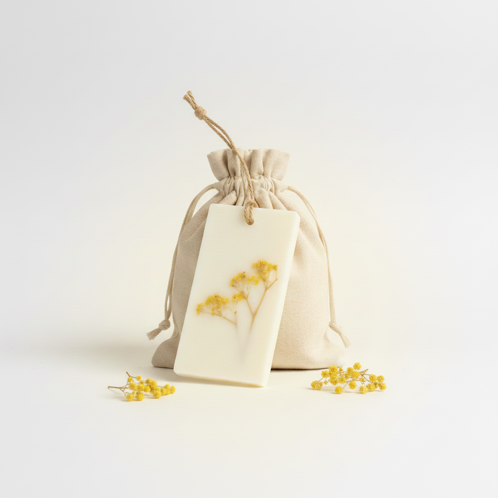 Sandalwood wax sachet with linen potli bag, warm golden light, clean luxury spa aesthetic