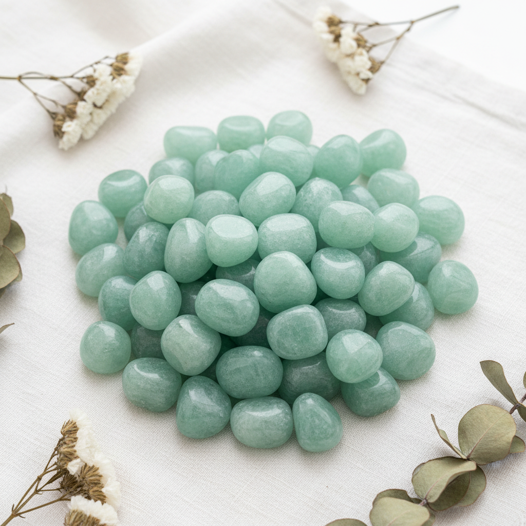 Light green Aventurine tumble stones bunch flat lay on white linen with botanicals