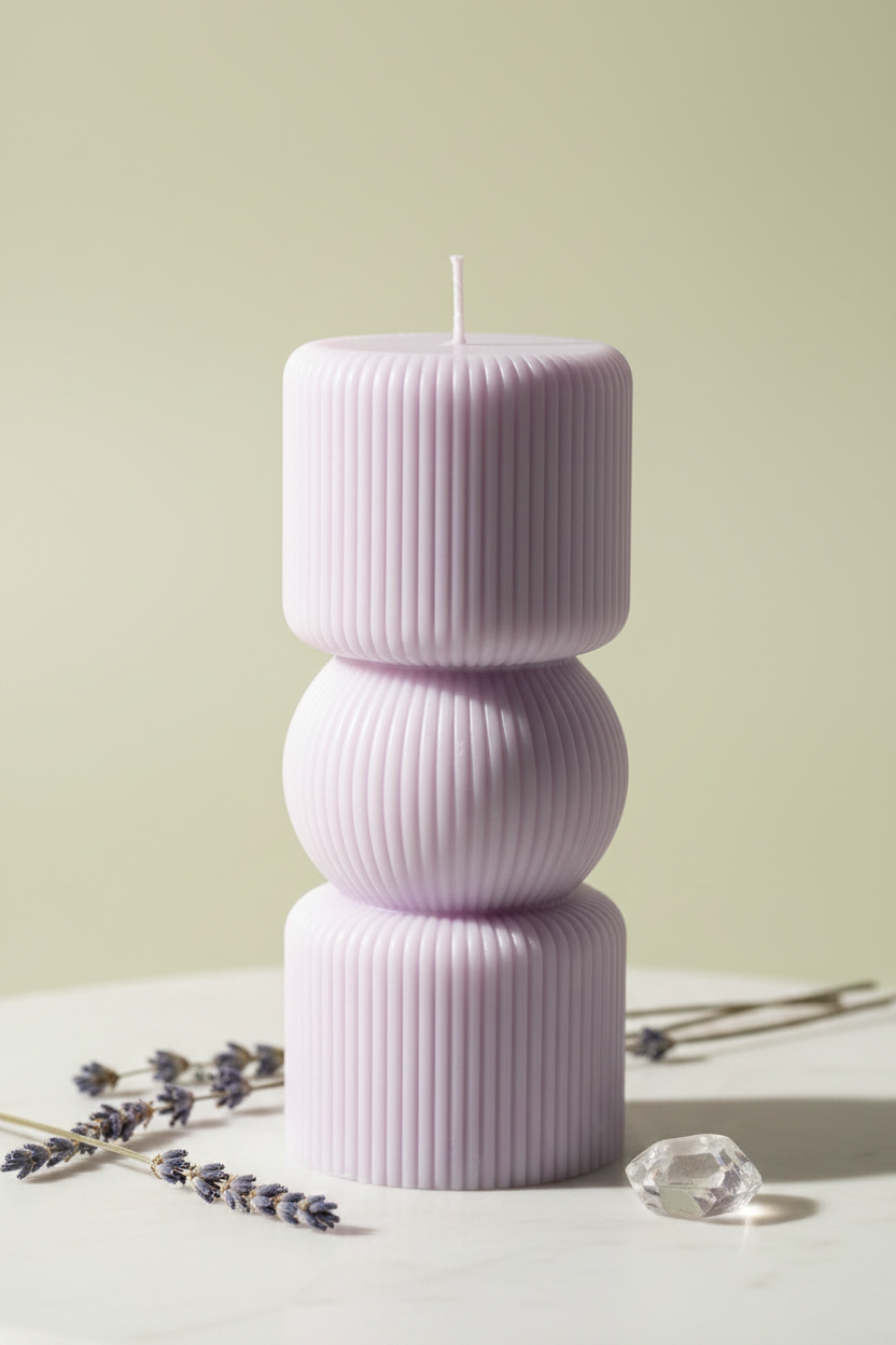 Pastel lavender sculptural three-tier ribbed pillar candle on white marble - Just Natural Purity