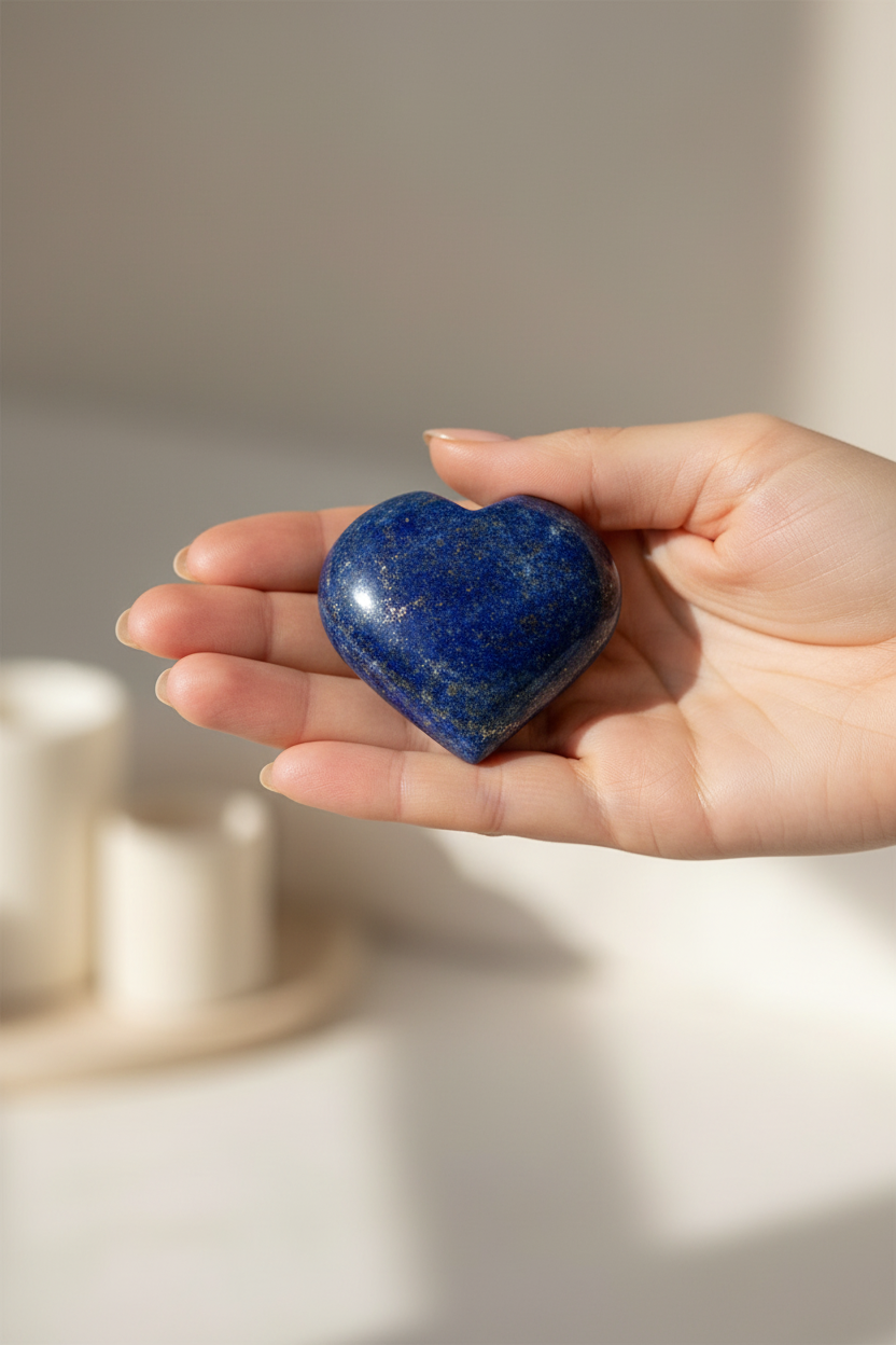 Lapis Heart held in hand showing wisdom energy