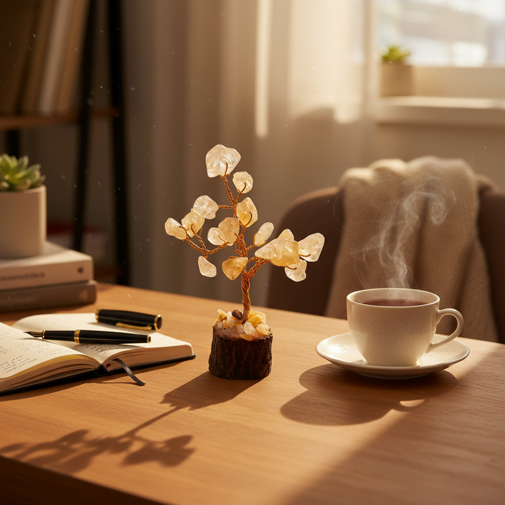 Citrine Crystal Tree on wooden desk with journal and tea
