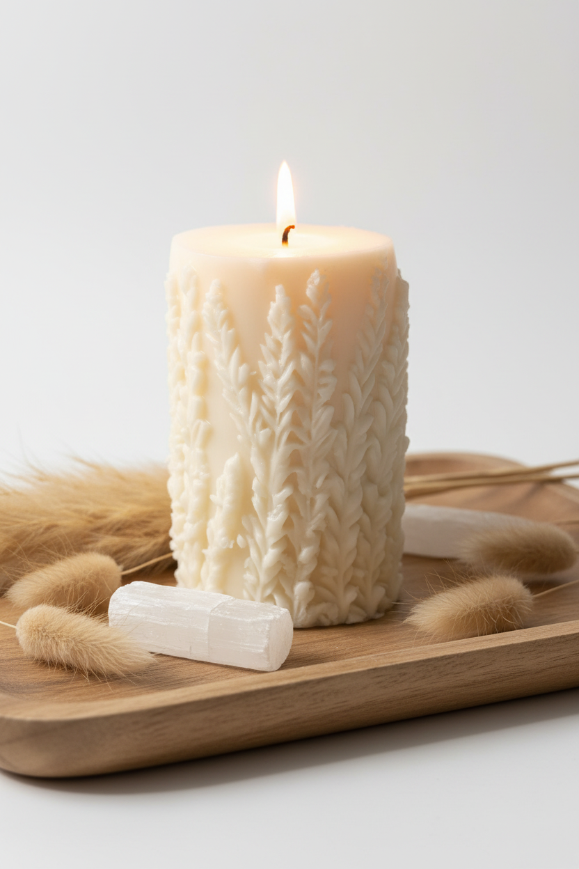 Warm ivory botanical leaf relief pillar candle lit with soft candlelight on wooden tray with pampas grass and selenite