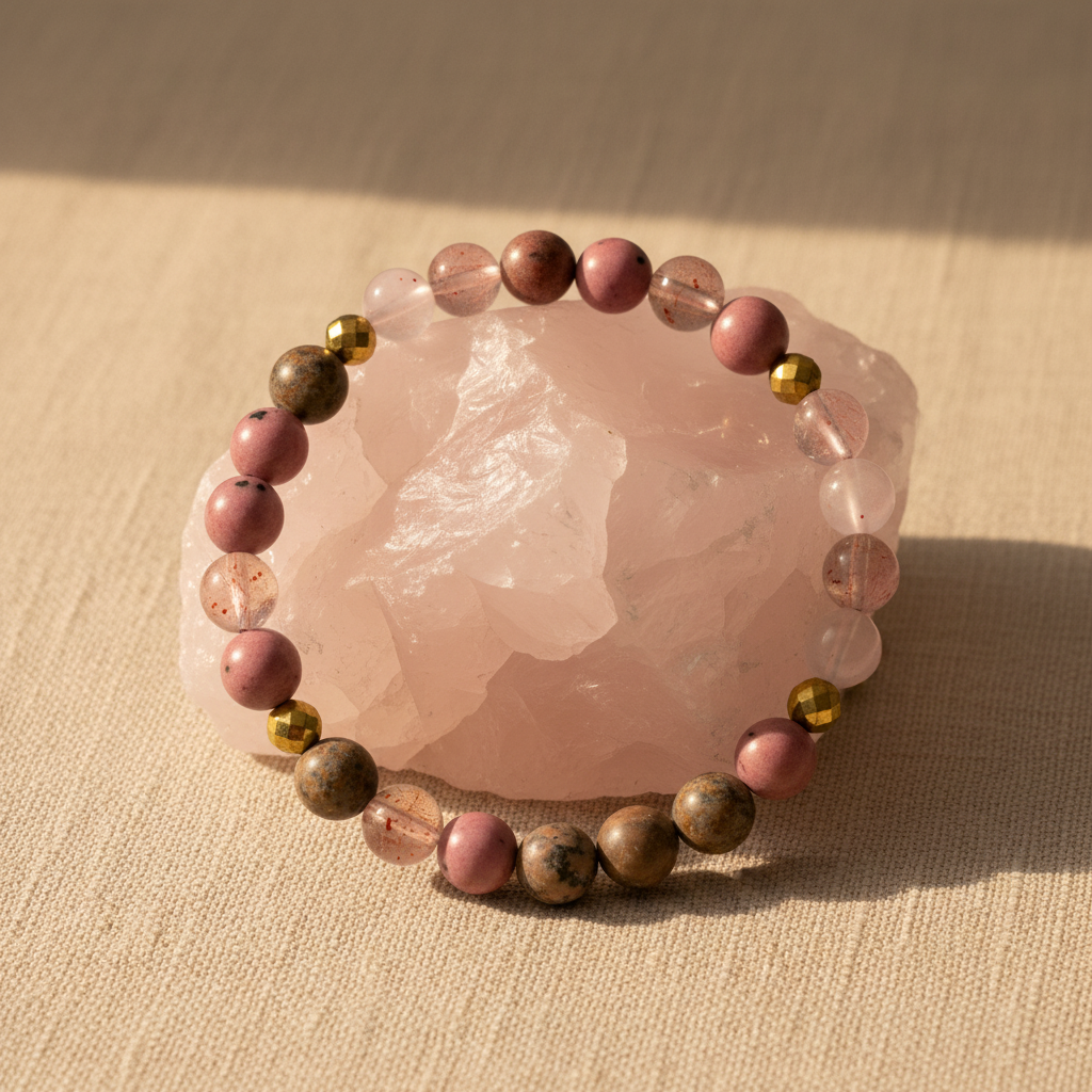 Devine Love Bracelet draped over rose quartz on linen