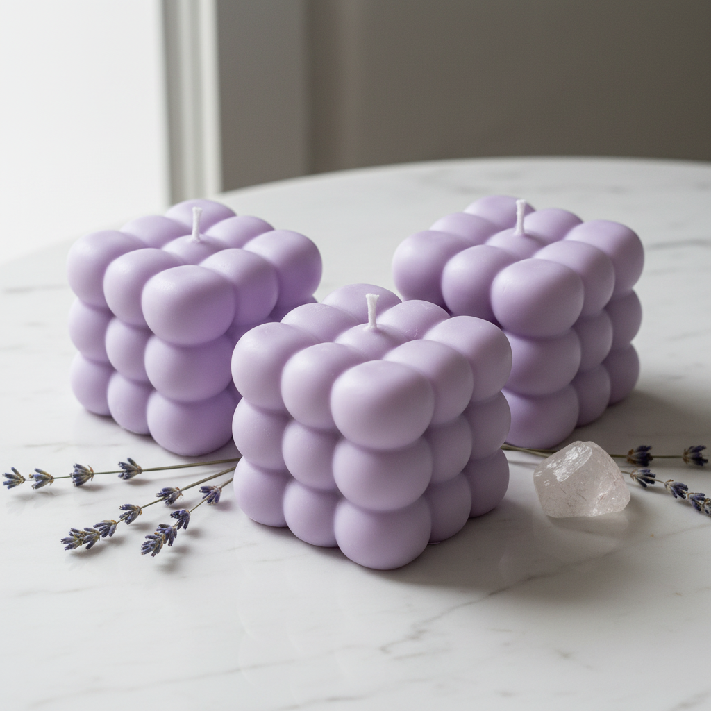 Pastel lavender triple cloud candles on white marble - Just Natural Purity