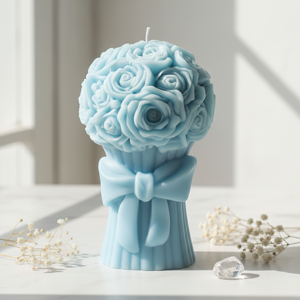 Pastel sky blue rose flower bouquet candle on white marble - Just Natural Purity