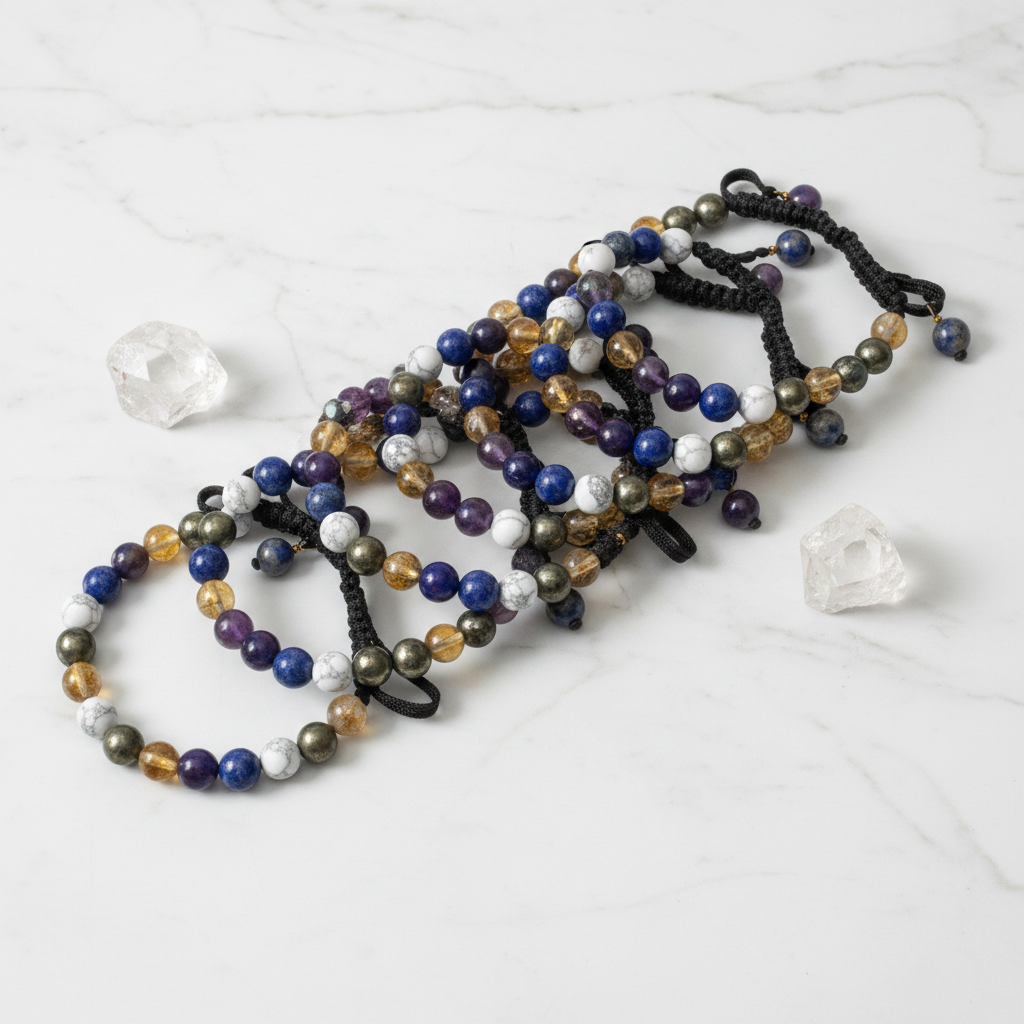 Clarity Growth Money Authority crystal bracelet flat lay - 8 bracelets on white marble - Just Natural Purity