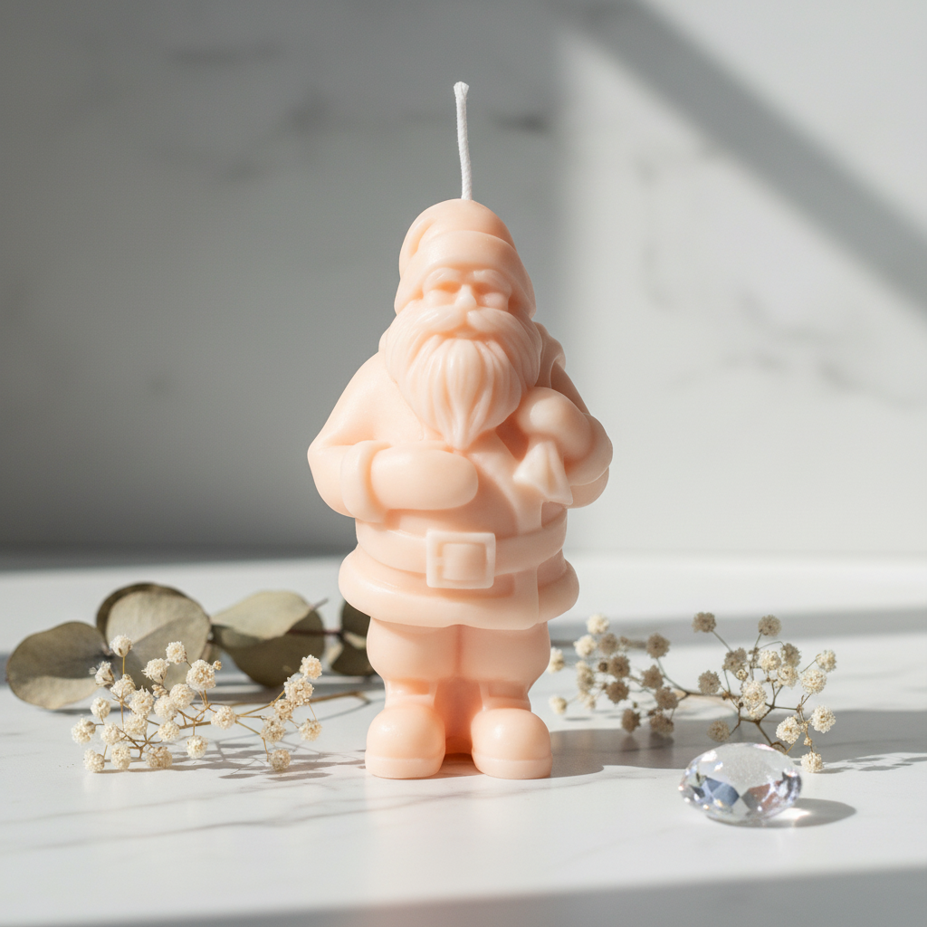 Pastel peach Santa Claus figurine candle on white marble - Just Natural Purity