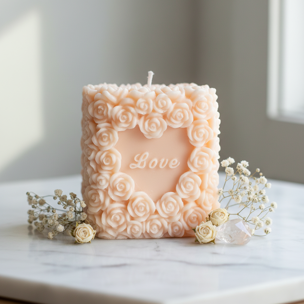 Pastel peach Love Pillar rose candle on white marble - Just Natural Purity