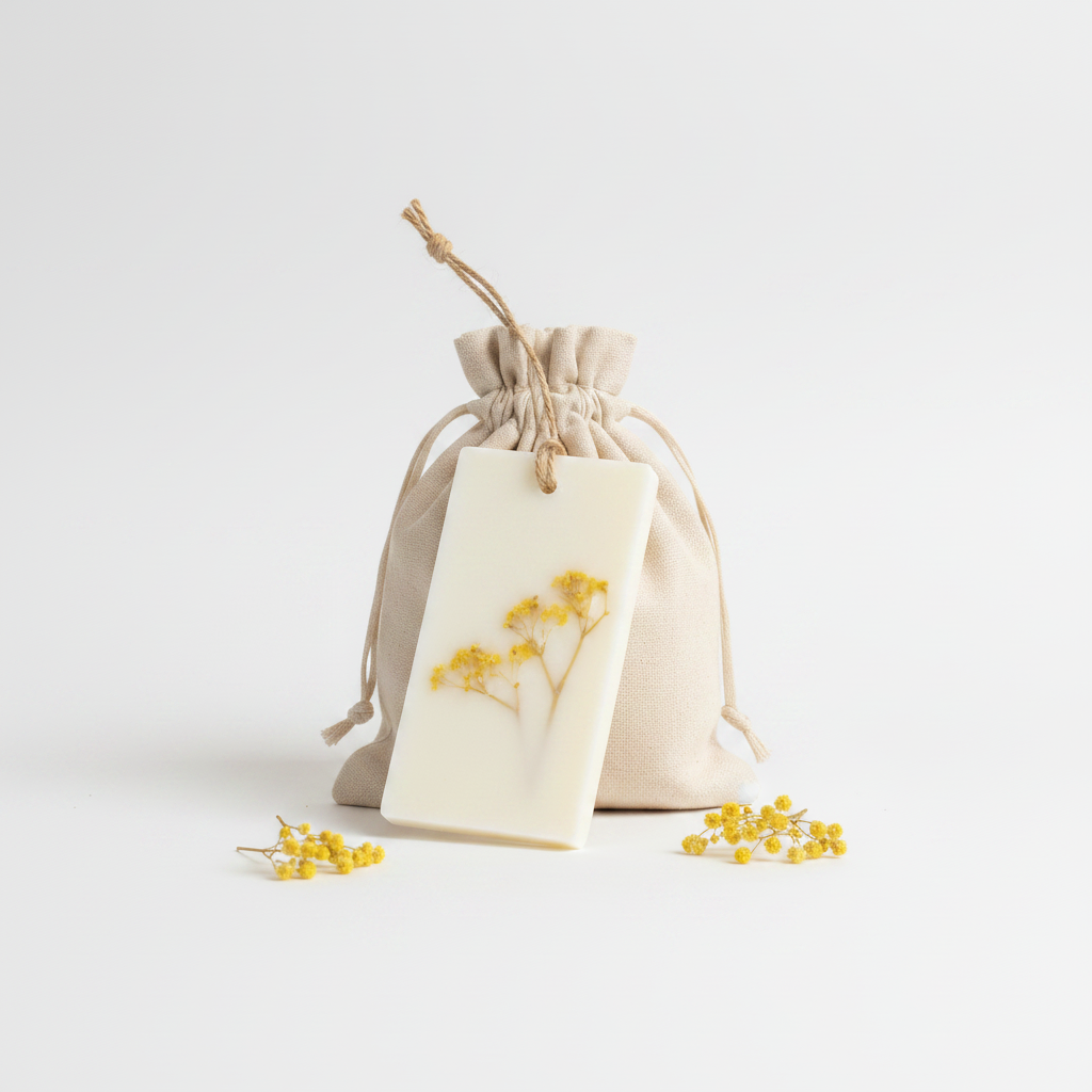 Handcrafted sandalwood scented wax sachet with yellow dried leaves and linen potli bag on white spa-luxury surface
