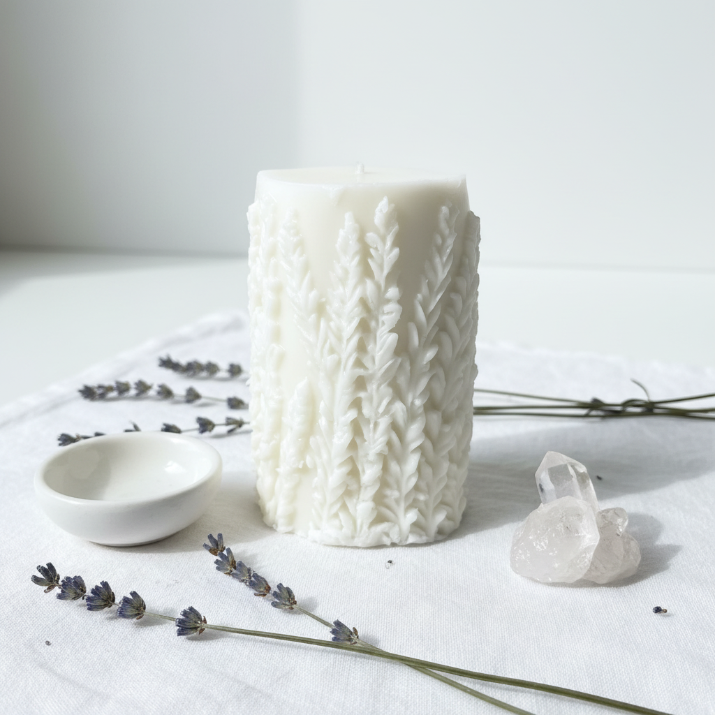 White botanical leaf relief pillar candle flat lay on white linen with dried lavender and crystal cluster