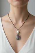 Rainbow Fluorite & Pearl Macramé Pendant - Model Neck View