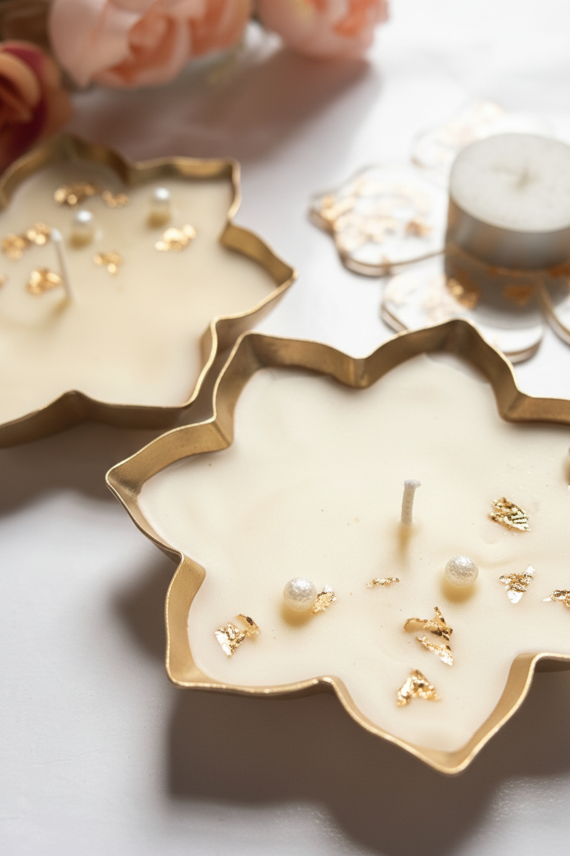 Gold leaf shaped urli candle with pearl beads and gold foil flakes in premium ivory soy wax, handcrafted by Just Natural Purity